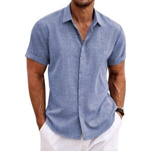 Men's Denim Blue Linen Shirts Short Sleeve Casual Shirts Button Down Shirt